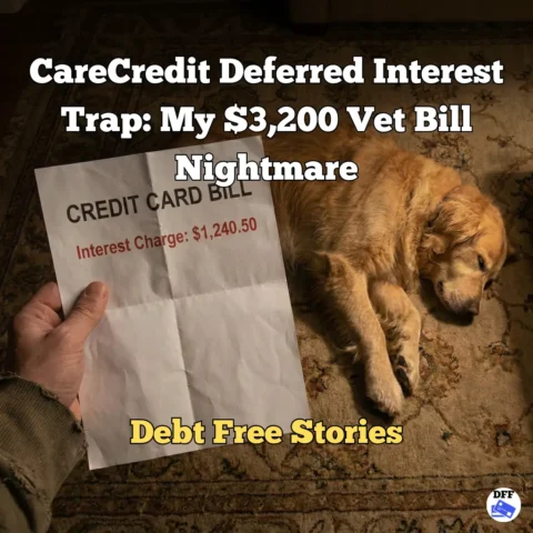 Vet bill credit card statement showing deferred interest charges next to a sleeping dog